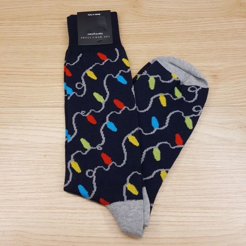 BLOOMINGDALES MENS STORE Dress Socks Navy Holiday Lights Size 10-13 Cotton Blend